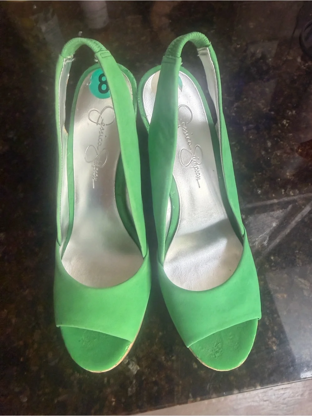 Green Suede Cork Wedge Peep-Toe Heels